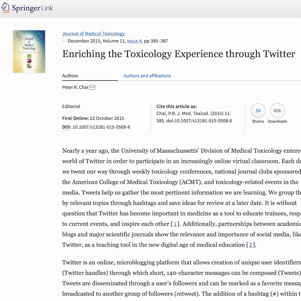 A healthcare social media research article published in Journal of Medical Toxicology, October 22, 2015