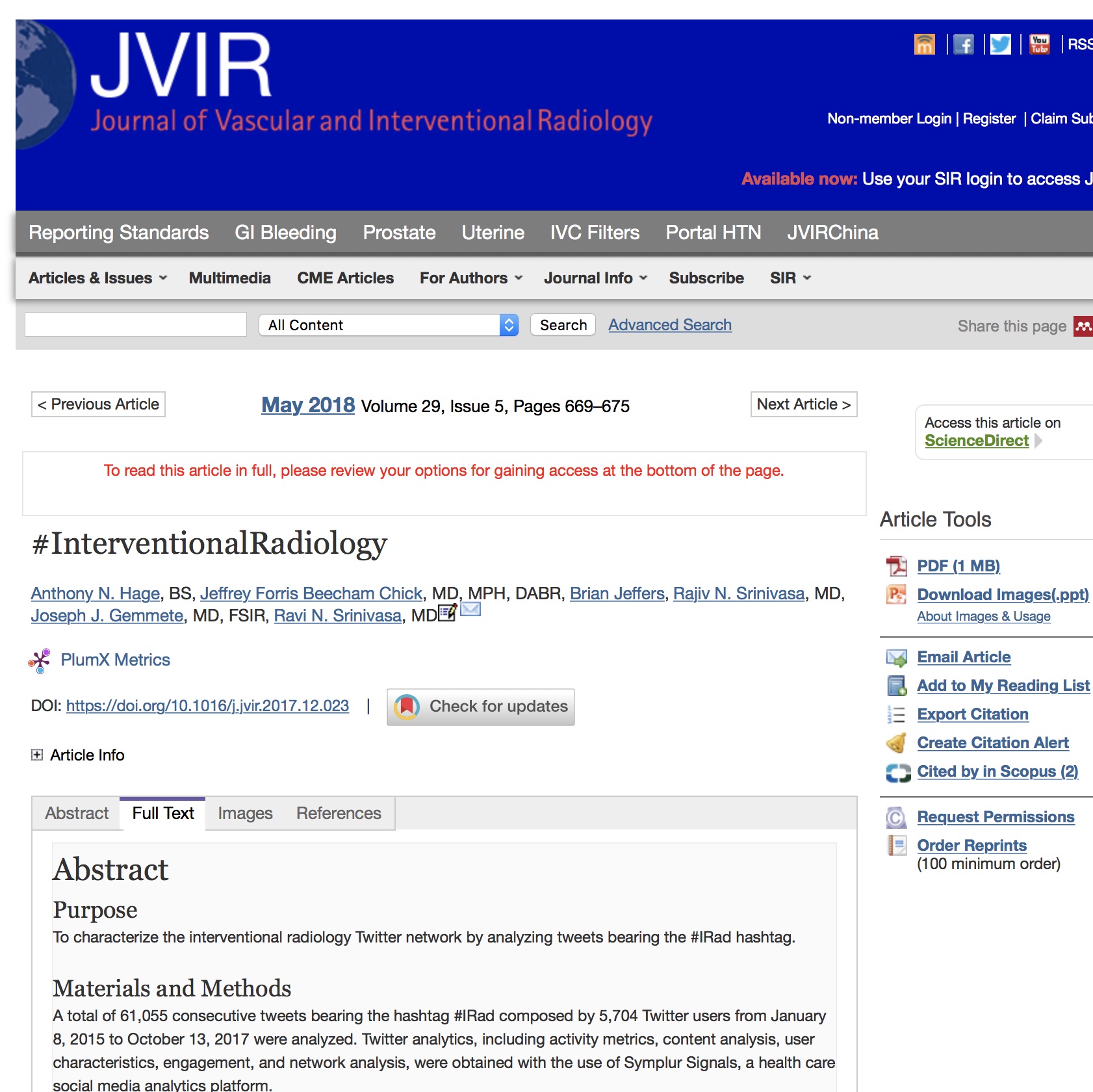 A healthcare social media research article published in Journal of Vascular and Interventional Radiology, May 1, 2018