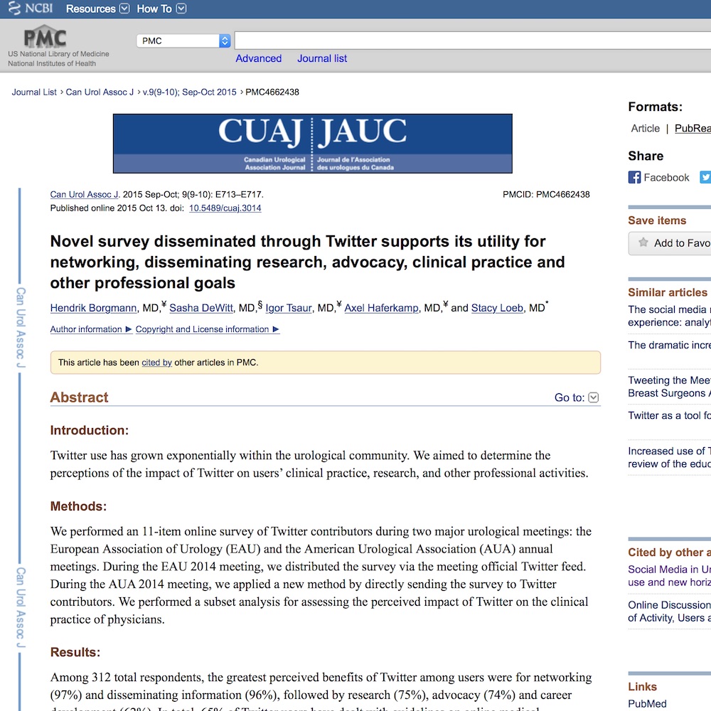 A healthcare social media research article published in Canadian Urological Association Journal, October 13, 2015