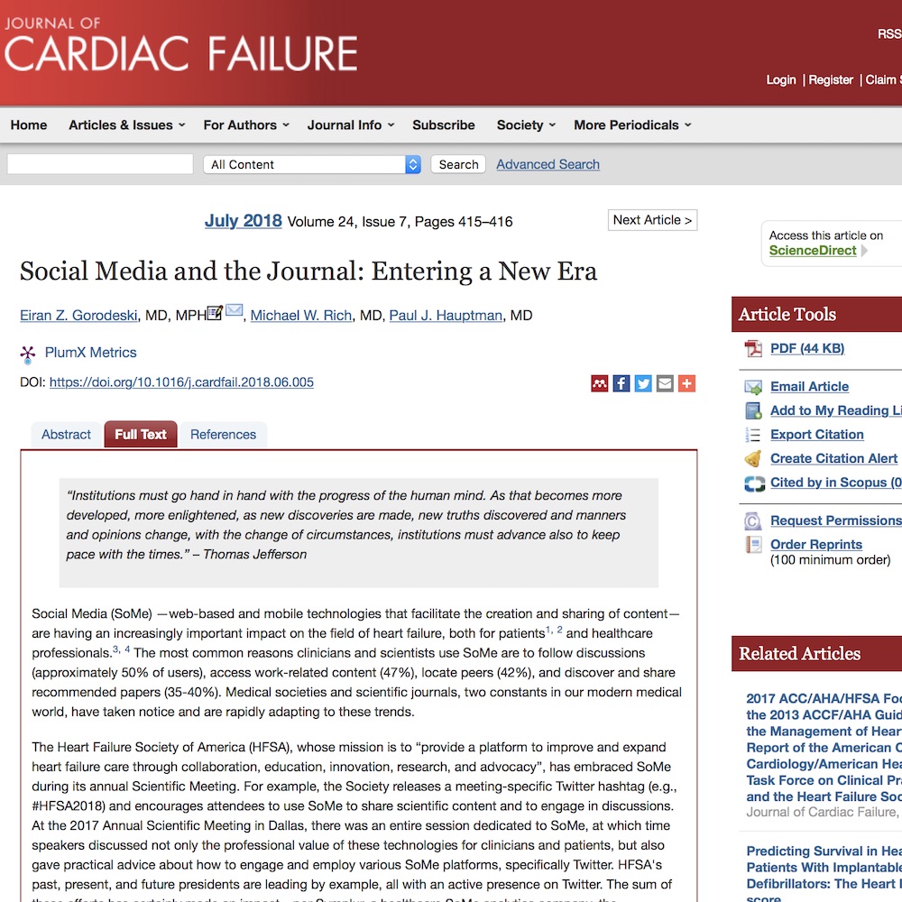 A healthcare social media research article published in Journal of Cardiac Failure, July 1, 2018