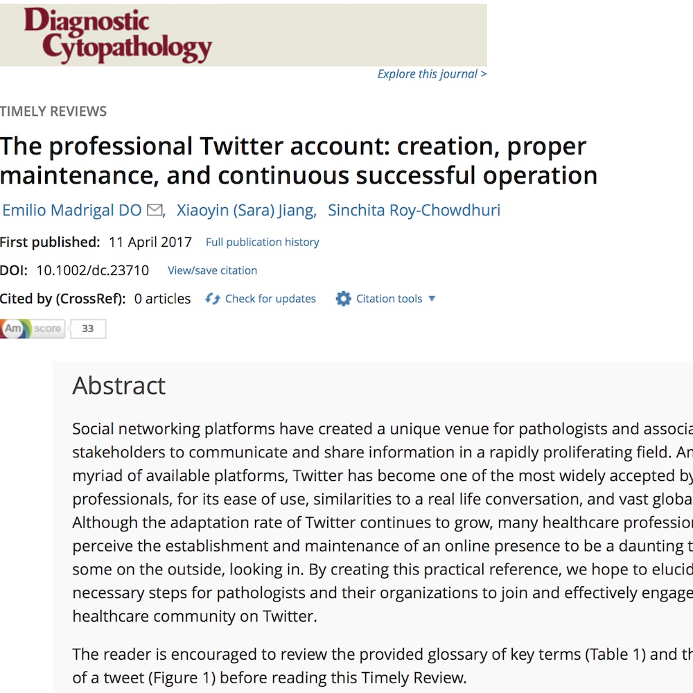 A healthcare social media research article published in Diagnostic Cytopathology, April 11, 2017