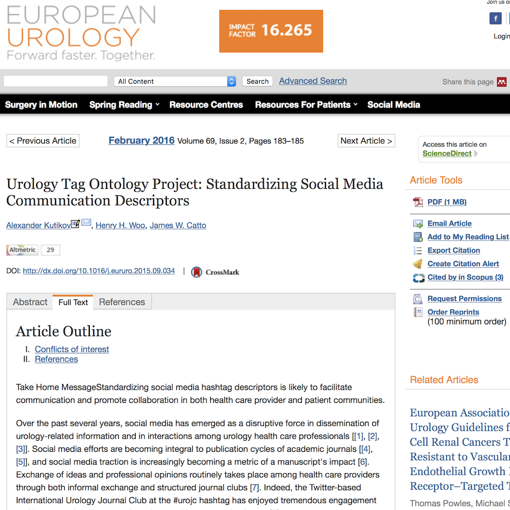 A healthcare social media research article published in European Urology, February 1, 2016