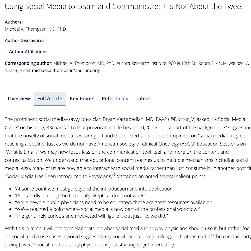 A healthcare social media research article published in ASCO Educational Book, May 1, 2015