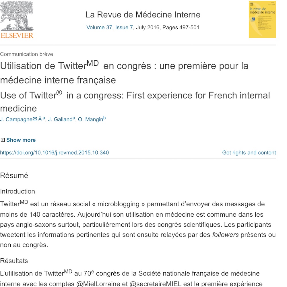 A healthcare social media research article published in Revue de Medecine Interne, July 1, 2016