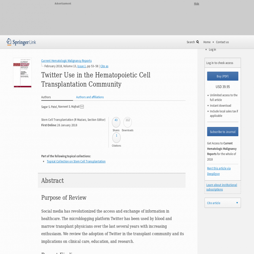 A healthcare social media research article published in Current Hematologic Malignancy Reports, January 26, 2018