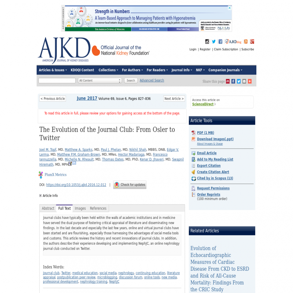 A healthcare social media research article published in American Journal of Kidney Diseases, June 1, 2017