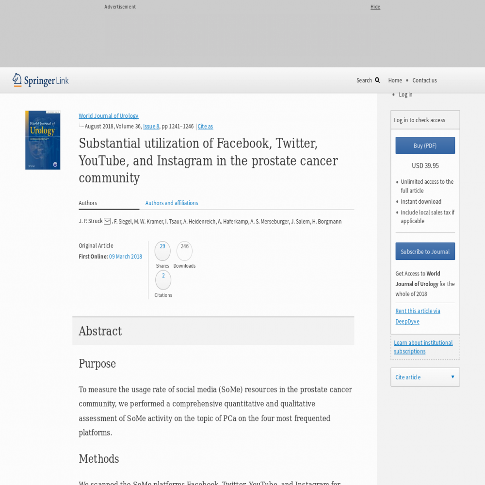 A healthcare social media research article published in World Journal of Urology, March 9, 2018
