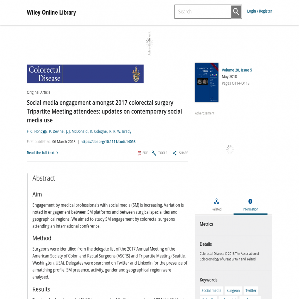 A healthcare social media research article published in Colorectal Disease, May 2, 2018