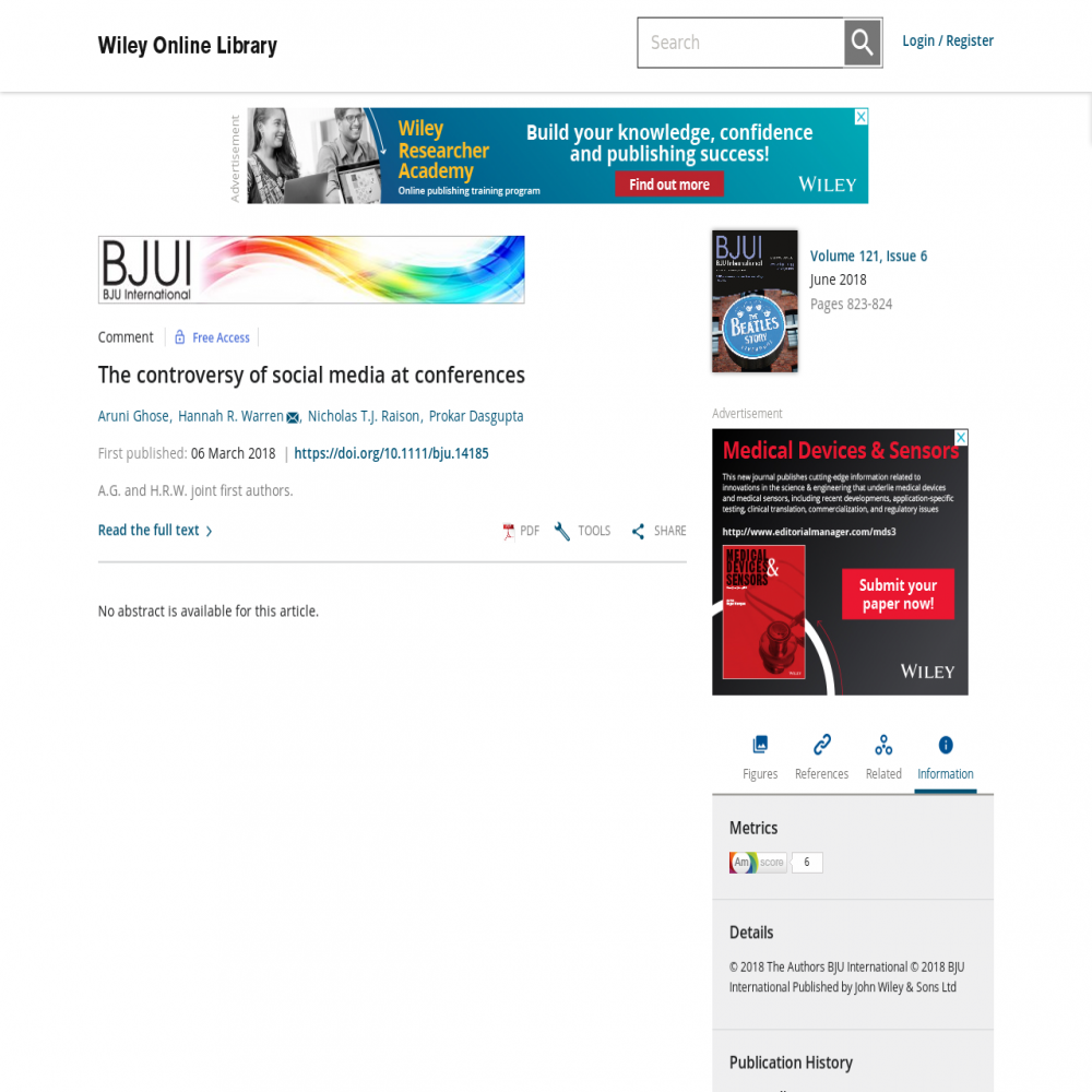 A healthcare social media research article published in British Journal of Urology, March 30, 2018