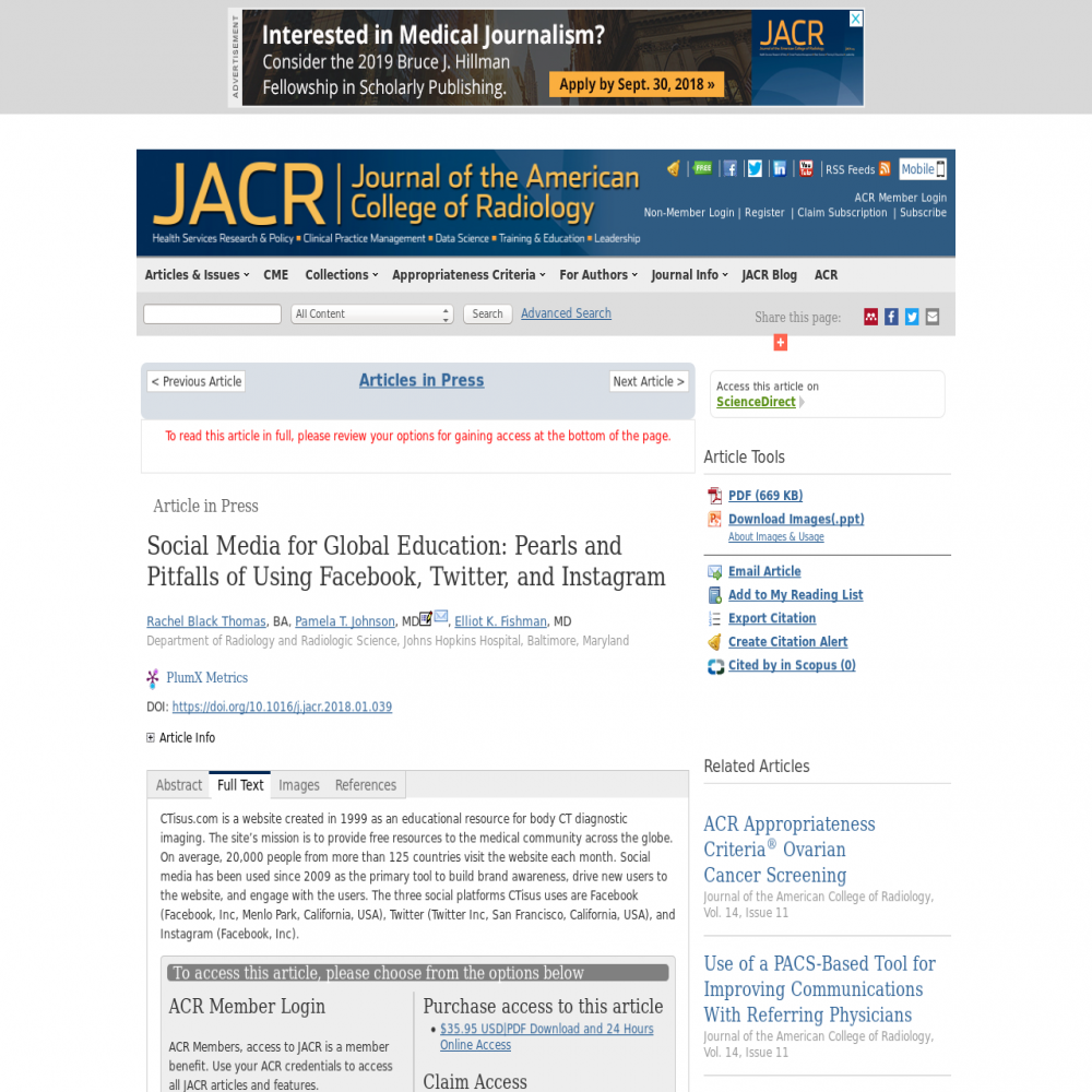 A healthcare social media research article published in Journal of the American College of Radiology, October 1, 2018