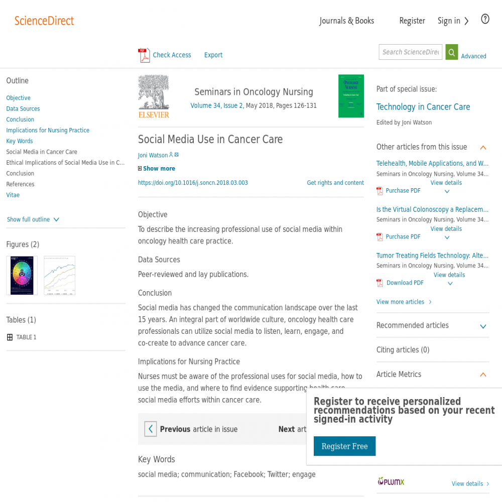 A healthcare social media research article published in Seminars in Oncology Nursing, May 1, 2018