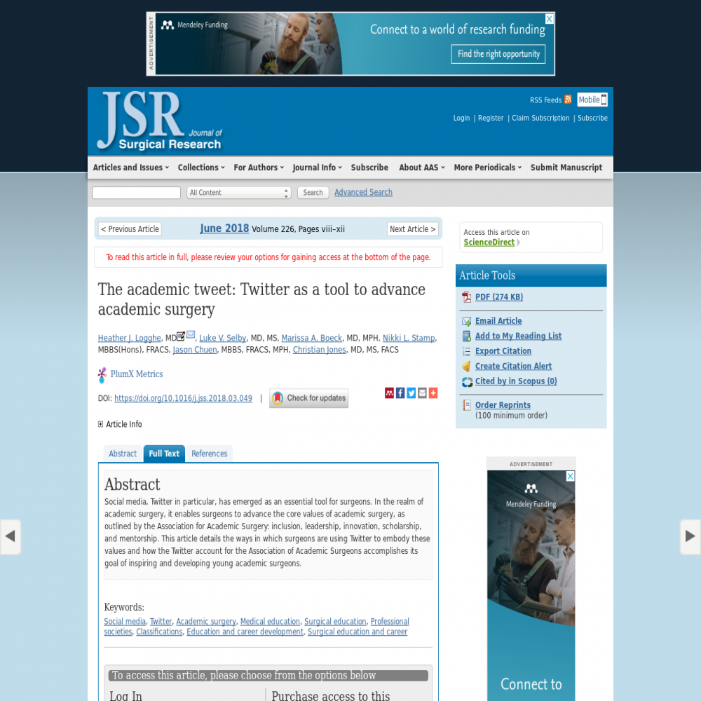 A healthcare social media research article published in Journal of Surgical Research, June 1, 2018
