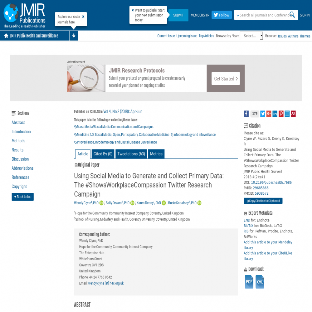 A healthcare social media research article published in JMIR Public Health and Surveillance, April 23, 2018