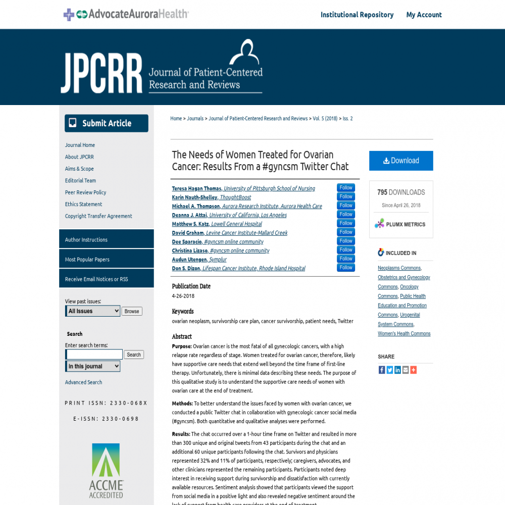 A healthcare social media research article published in Journal of Patient-Centered Research and Reviews, April 26, 2018