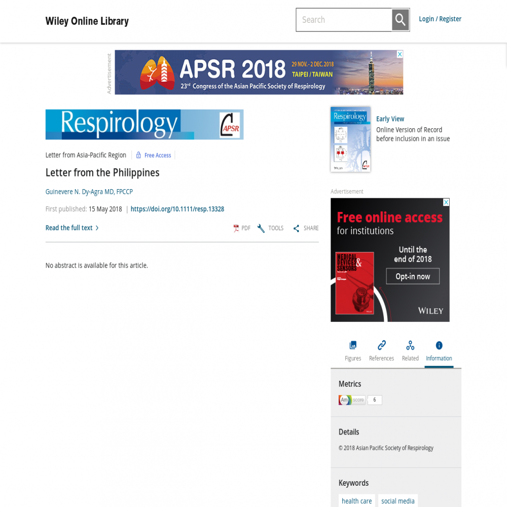 A healthcare social media research article published in Respirology, May 15, 2018