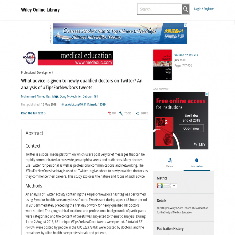 A healthcare social media research article published in Medical Education, May 15, 2018