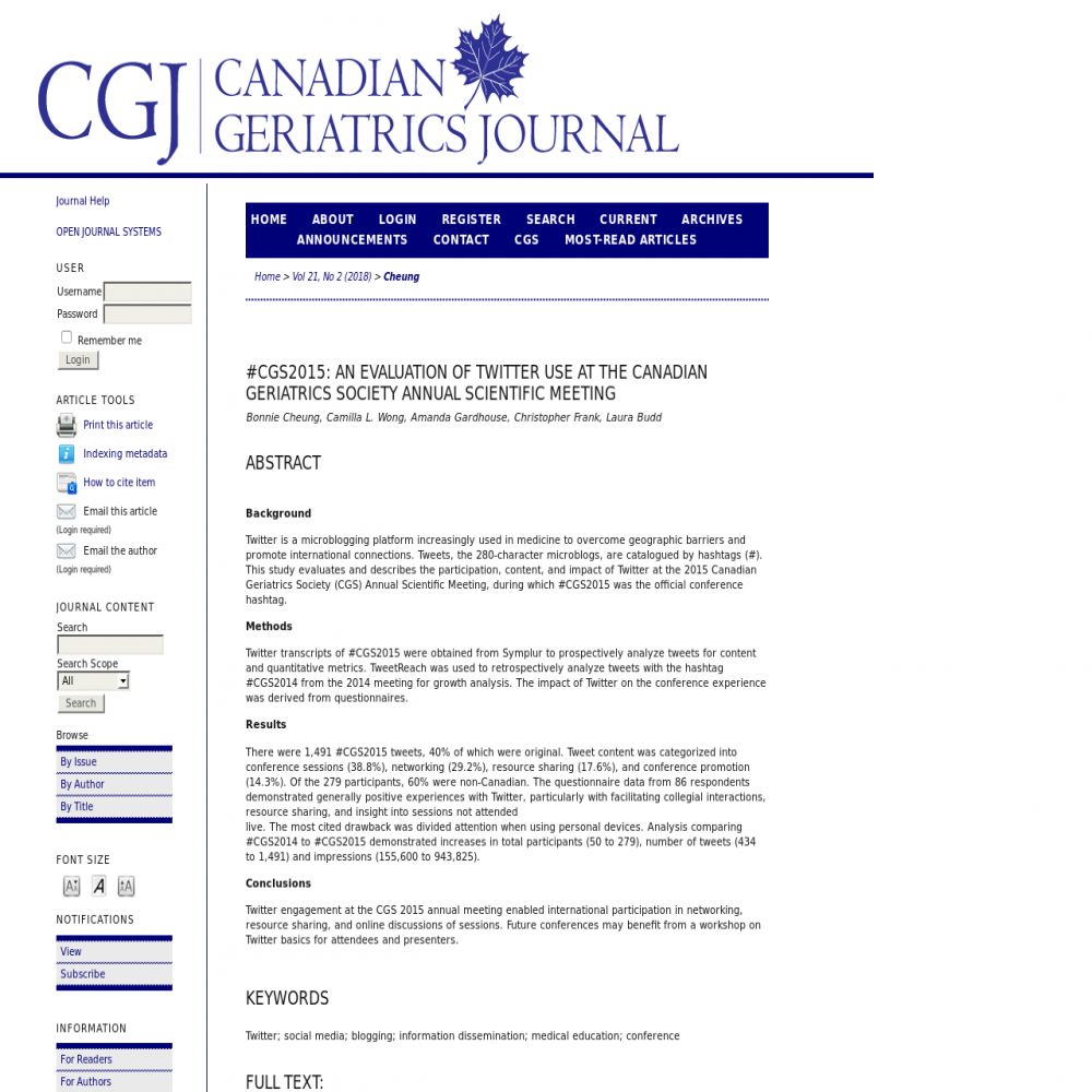 A healthcare social media research article published in Canadian geriatrics journal : CGJ, July 9, 2018