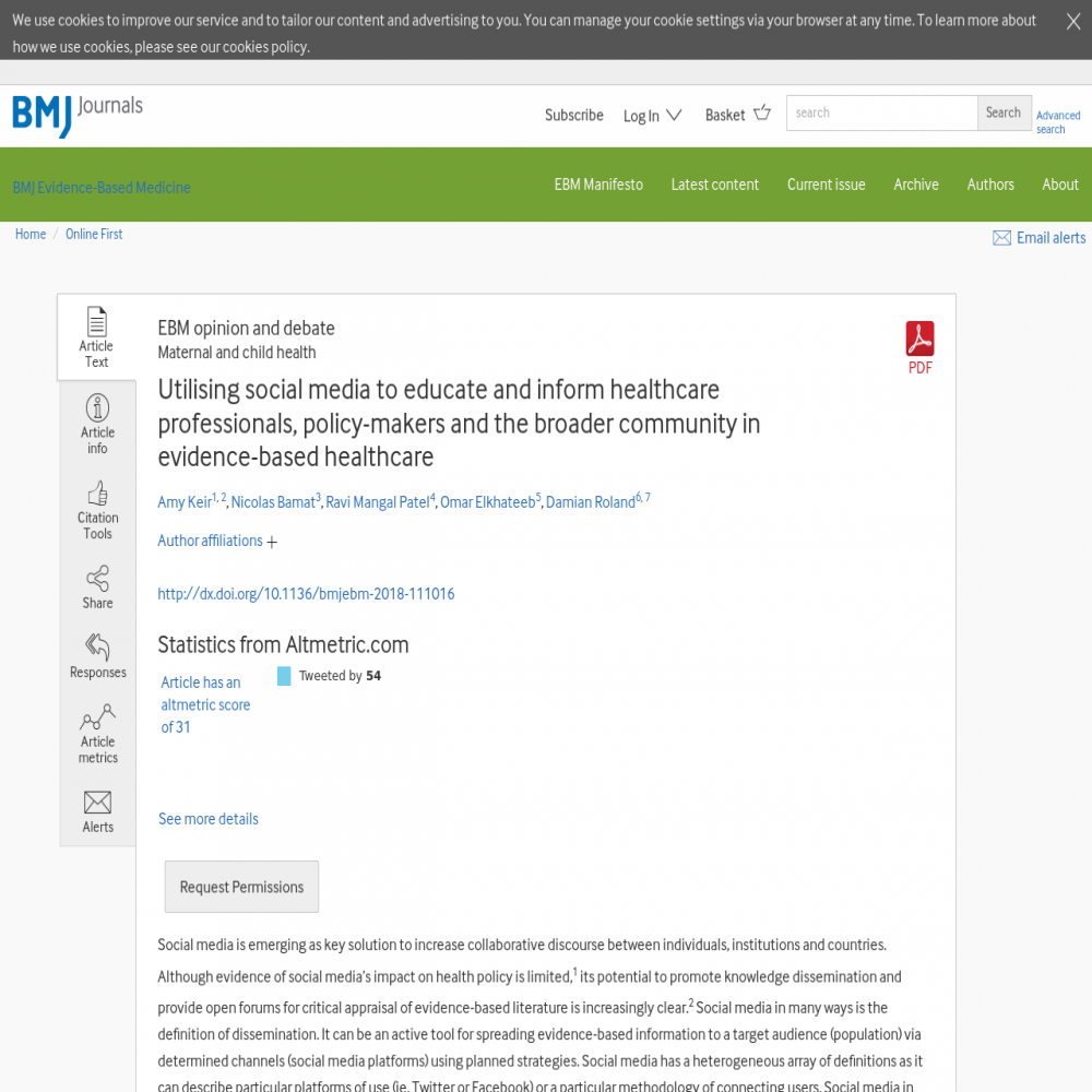 A healthcare social media research article published in BMJ Evidence-Based Medicine, July 26, 2018