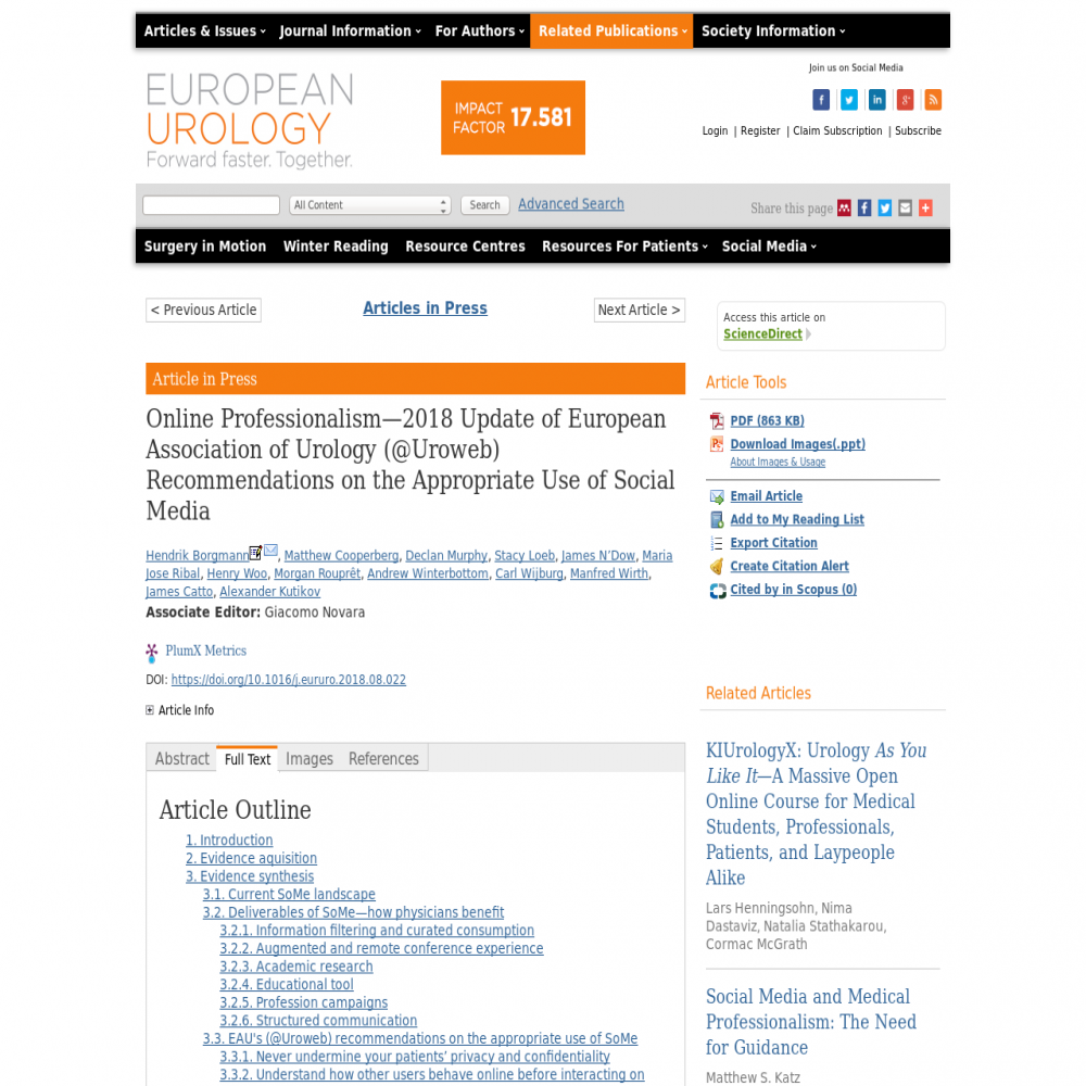A healthcare social media research article published in European Urology, November 1, 2018