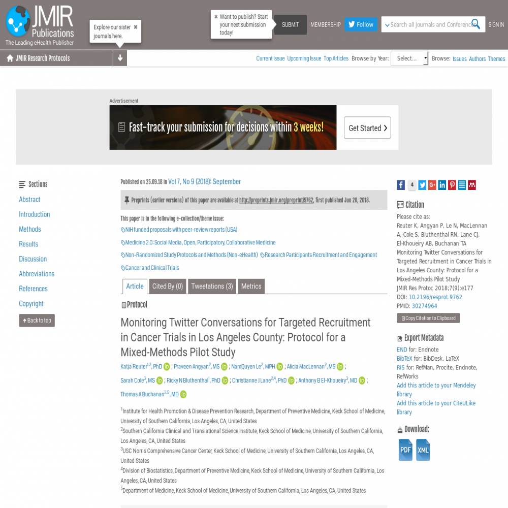 A healthcare social media research article published in JMIR Research Protocols, September 25, 2018