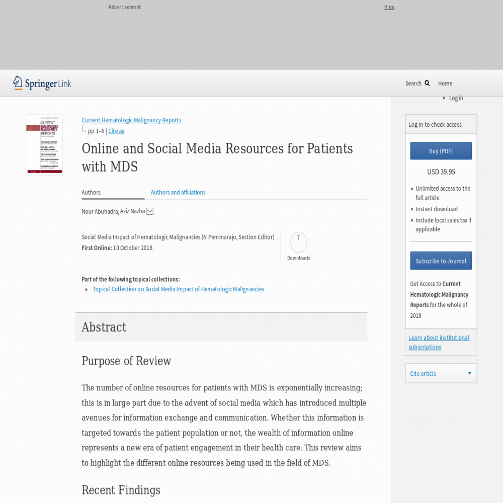 A healthcare social media research article published in Current Hematologic Malignancy Reports, October 10, 2018