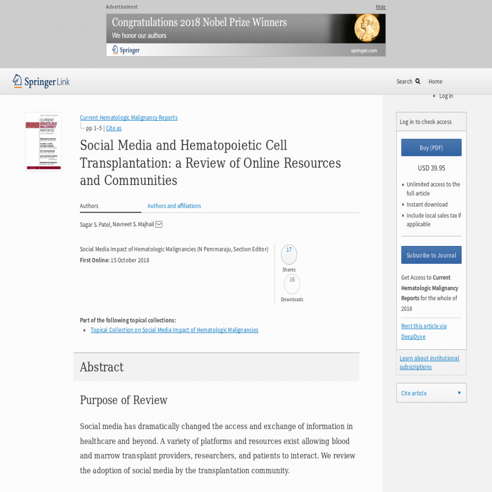 A healthcare social media research article published in Current Hematologic Malignancy Reports, October 15, 2018