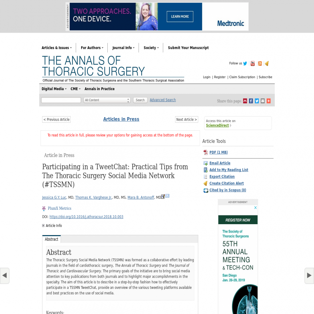 A healthcare social media research article published in The Annals of Thoracic Surgery, March 1, 2019