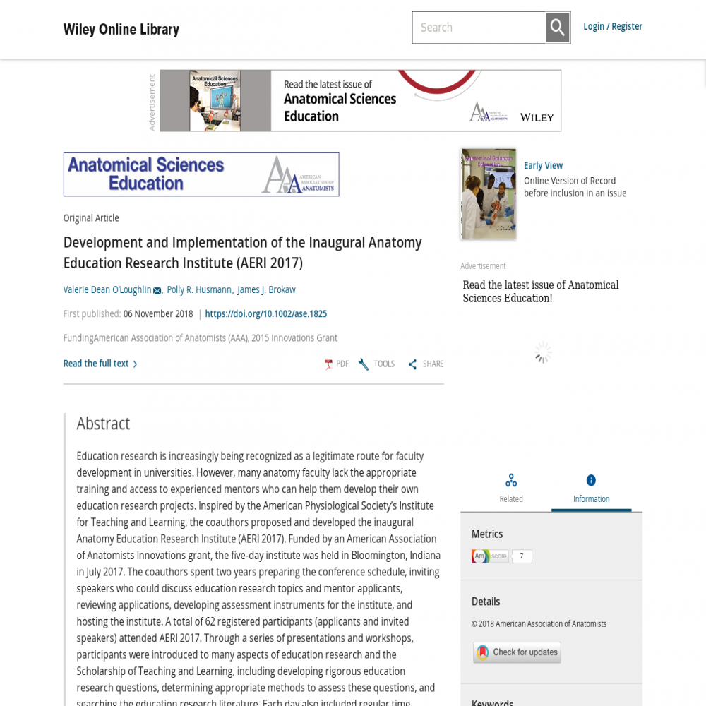 A healthcare social media research article published in Anatomical Sciences Education, November 6, 2018