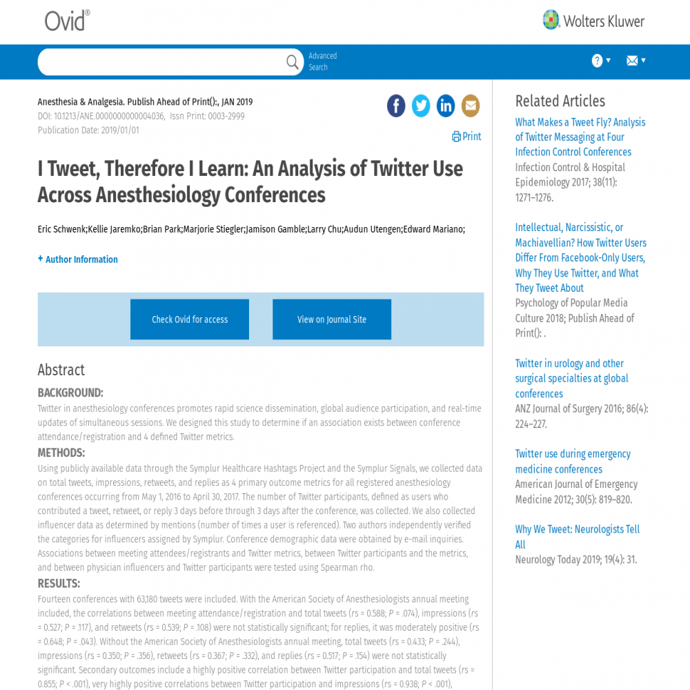 A healthcare social media research article published in Anesthesia and analgesia, February 1, 2020