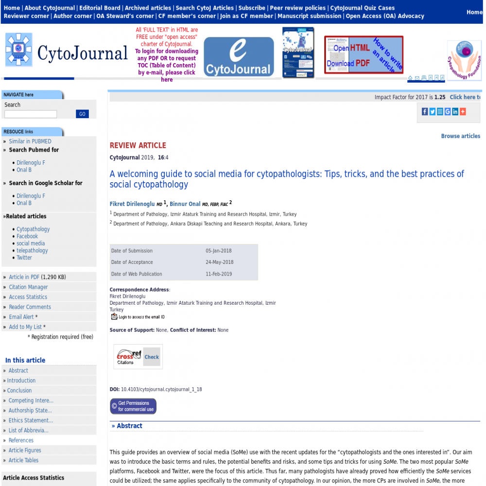 A healthcare social media research article published in CytoJournal, February 11, 2019