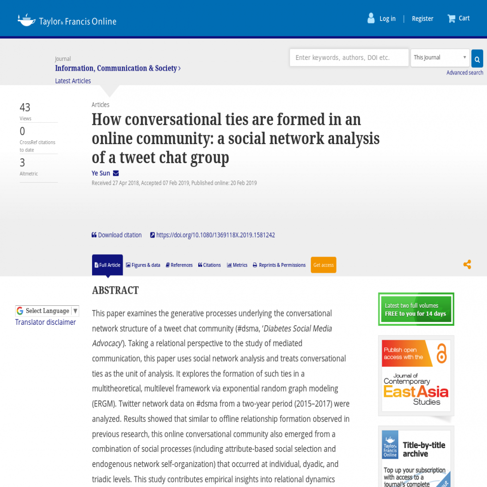 A healthcare social media research article published in Communication & Society, February 20, 2019