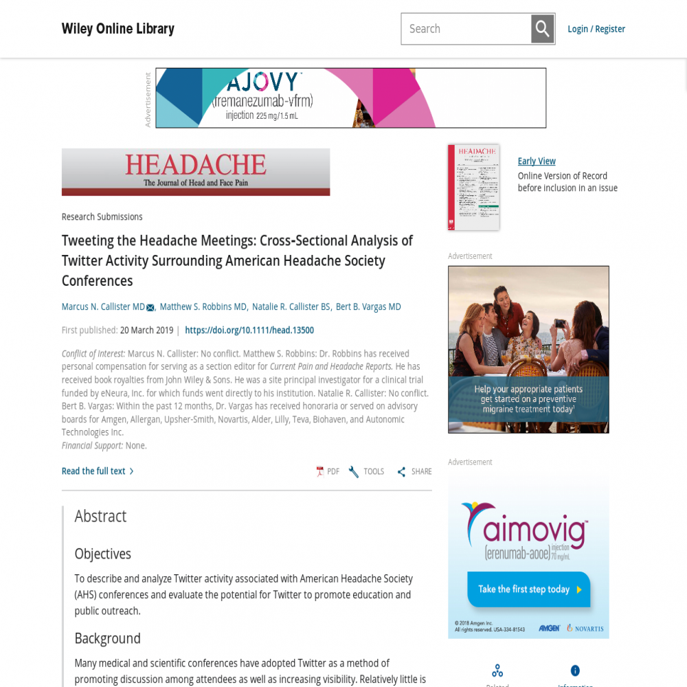 A healthcare social media research article published in Headache: The Journal of Head & Face Pain, March 20, 2019
