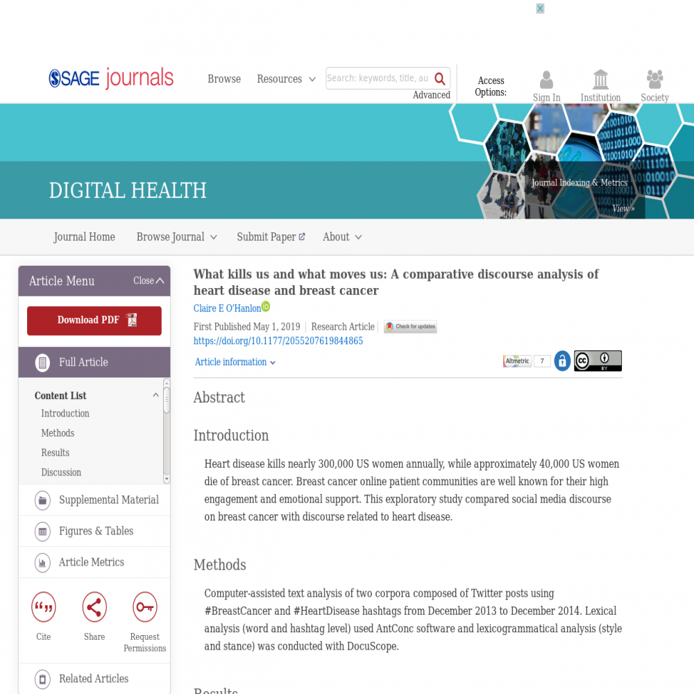 A healthcare social media research article published in Digital Health, May 1, 2019