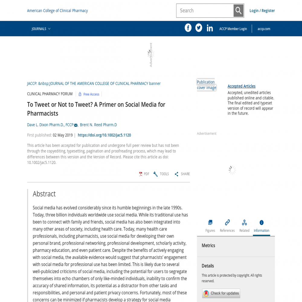 A healthcare social media research article published in JACCP: JOURNAL OF THE AMERICAN COLLEGE OF CLINICAL PHARMACY, June 17, 2019