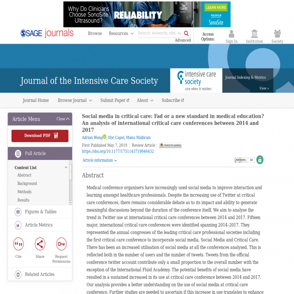 A healthcare social media research article published in Journal of the Intensive Care Society, May 7, 2019