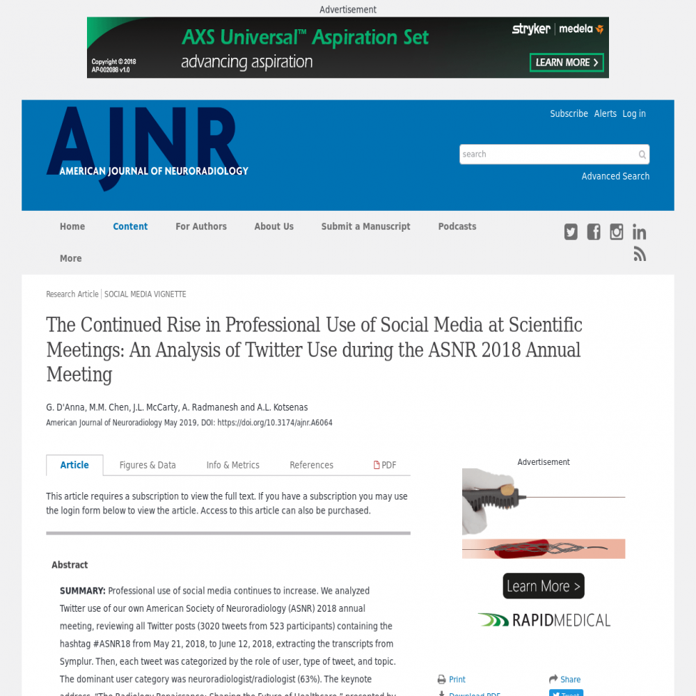 A healthcare social media research article published in American Journal of Neuroradiology, May 9, 2019