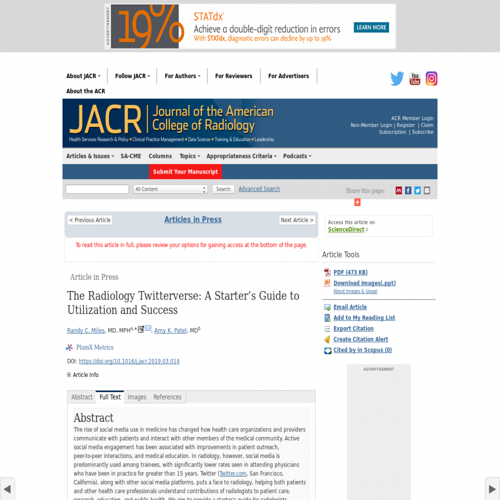 A healthcare social media research article published in Journal of the American College of Radiology, September 1, 2019