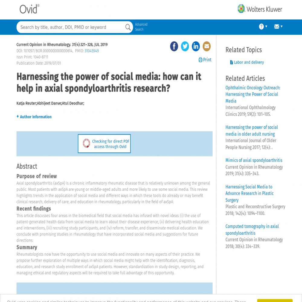 A healthcare social media research article published in Current opinion in rheumatology, July 1, 2019