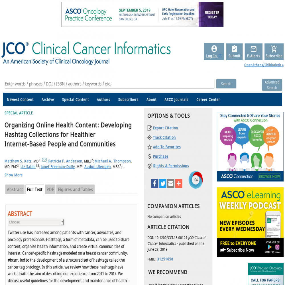 A healthcare social media research article published in JCO Clinical Cancer Informatics, December 1, 2019
