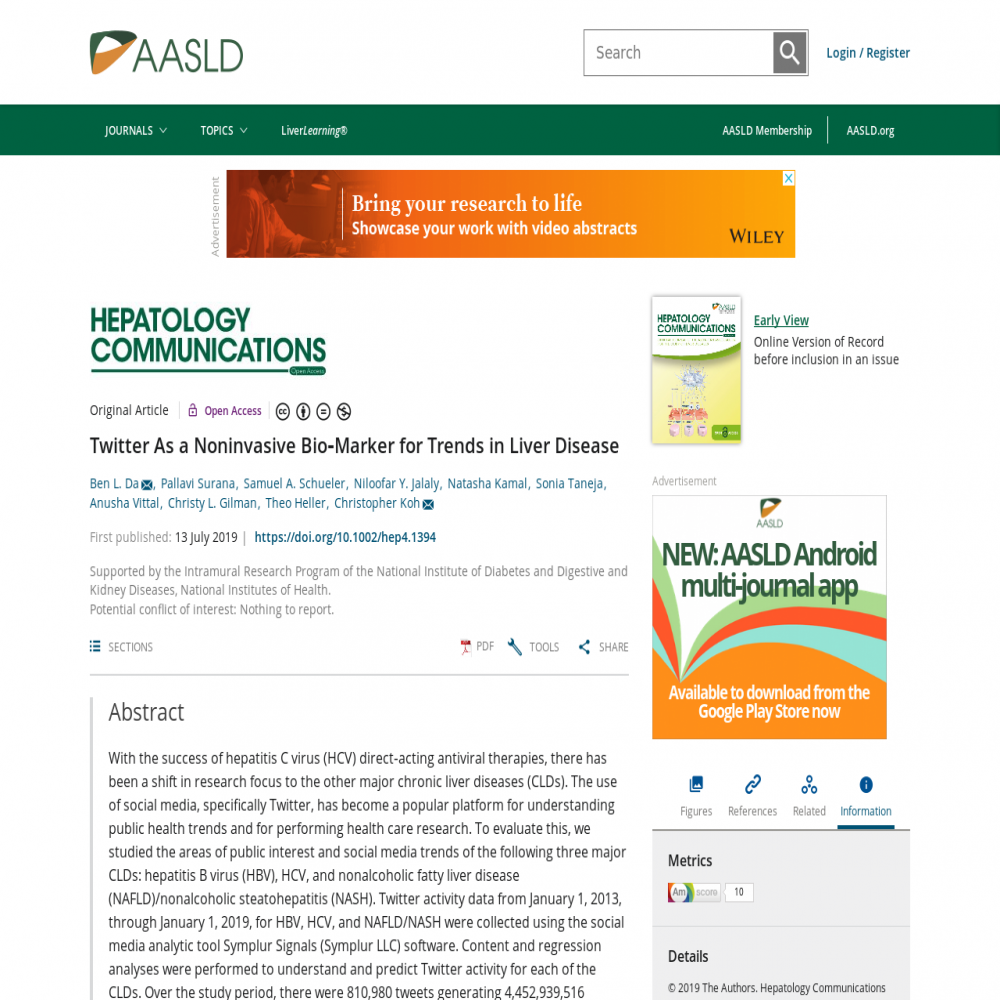A healthcare social media research article published in HEPATOLOGY COMMUNICATIONS, July 13, 2019