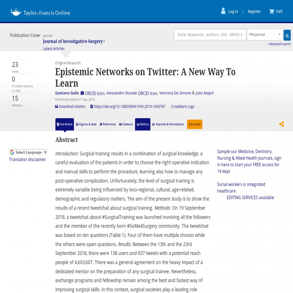 A healthcare social media research article published in Journal of Investigative Surgery, September 1, 2019