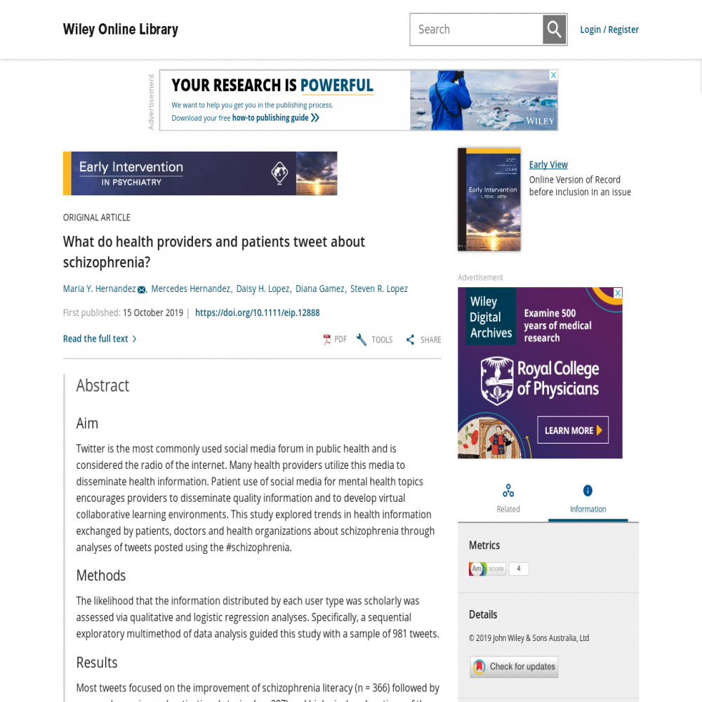 A healthcare social media research article published in Early Intervention in Psychiatry, October 15, 2019