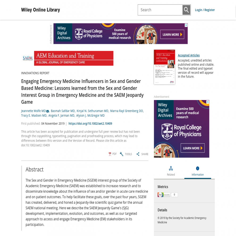 A healthcare social media research article published in AEM Education and Training: A Global Journal of Emergency Care, December 1, 2019