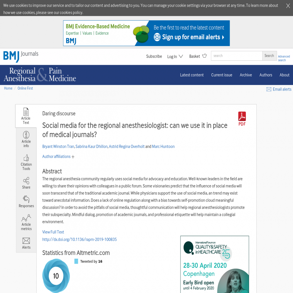 A healthcare social media research article published in Regional Anesthesia & Pain Medicine, November 11, 2019