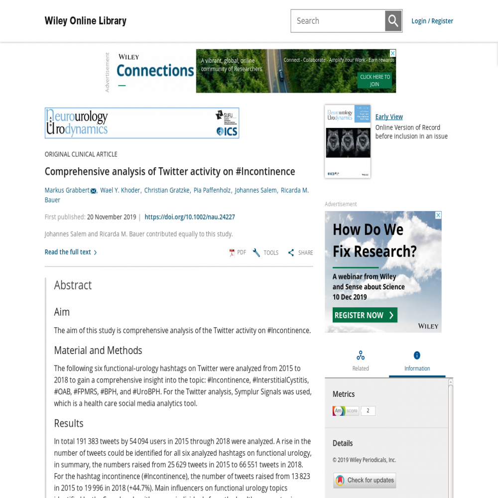 A healthcare social media research article published in Neurourology and Urodynamics, November 20, 2019