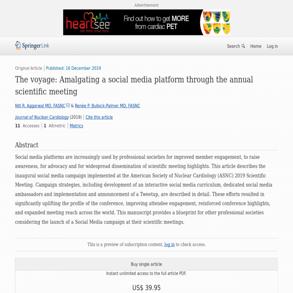 A healthcare social media research article published in Journal of Nuclear Cardiology, December 16, 2019