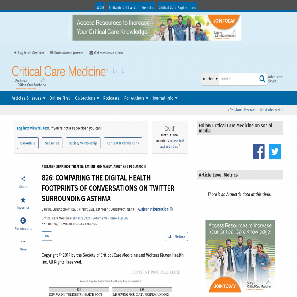 A healthcare social media research article published in Critical Care Medicine, January 1, 2020