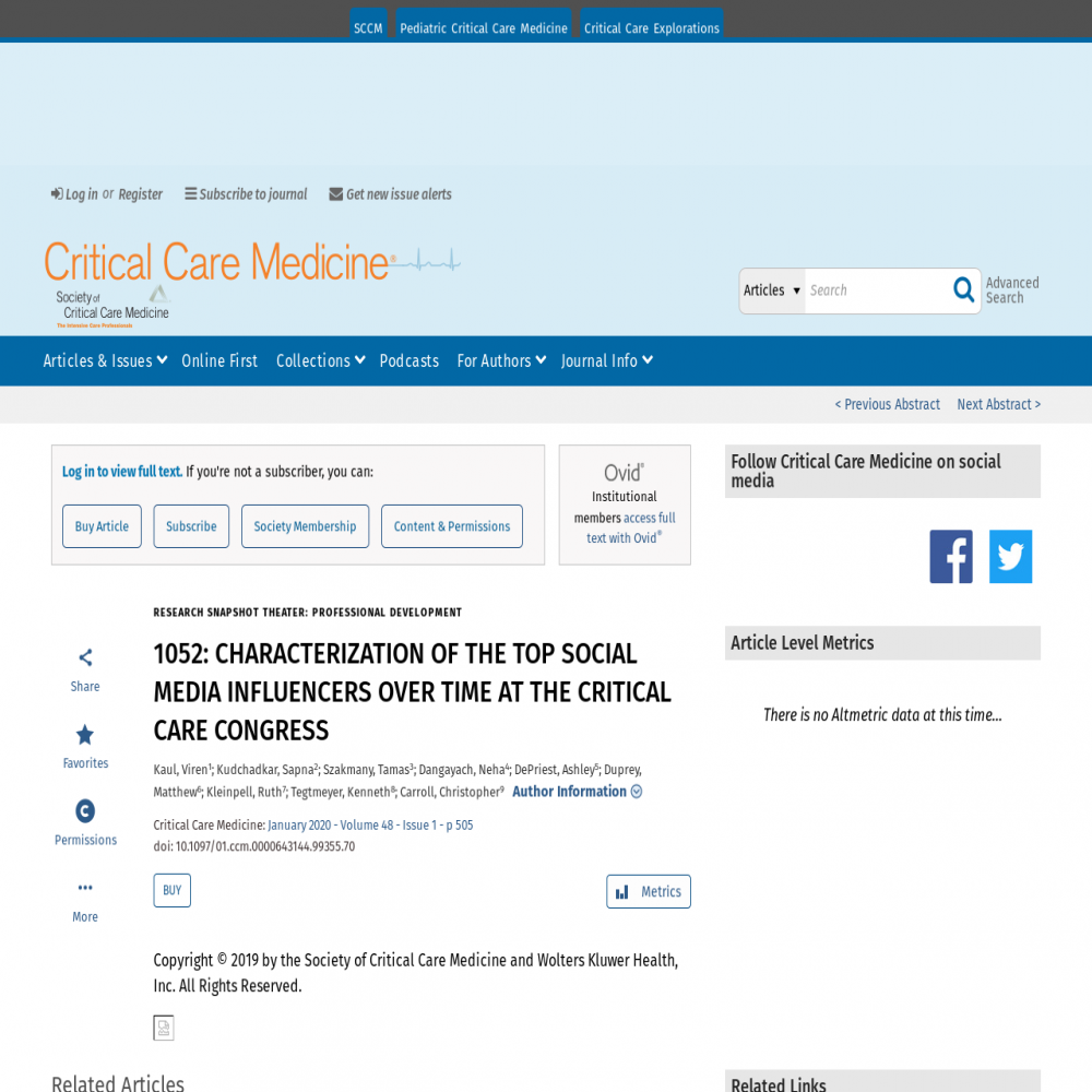 A healthcare social media research article published in Critical Care Medicine, January 1, 2020