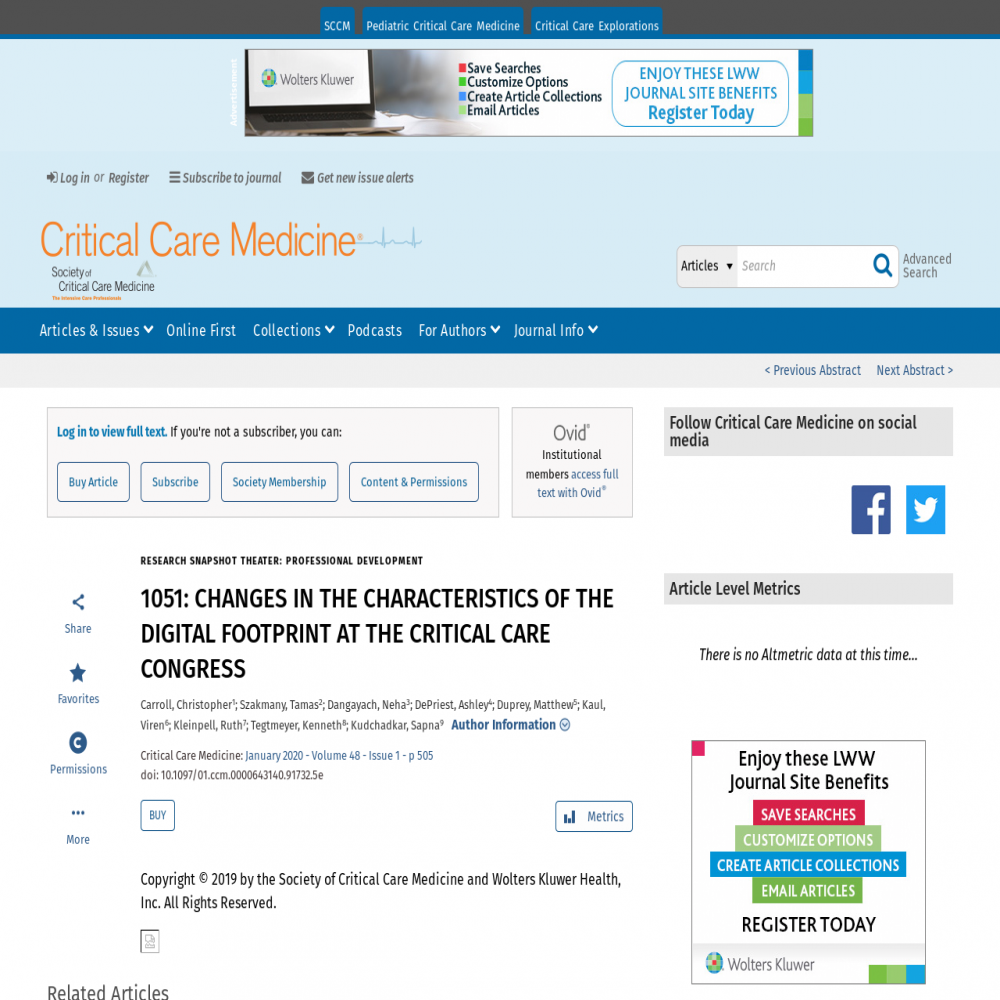 A healthcare social media research article published in Critical Care Medicine, January 1, 2020