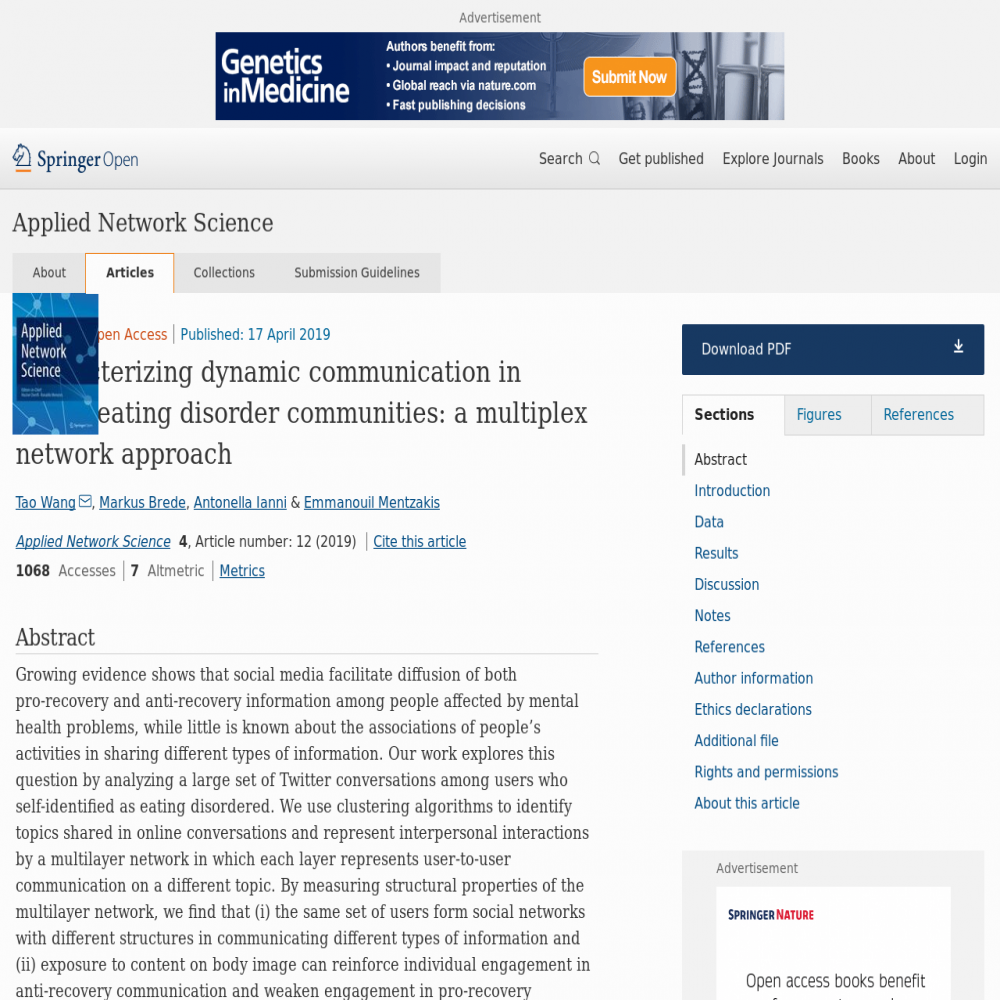 A healthcare social media research article published in Applied Network Science, April 17, 2019